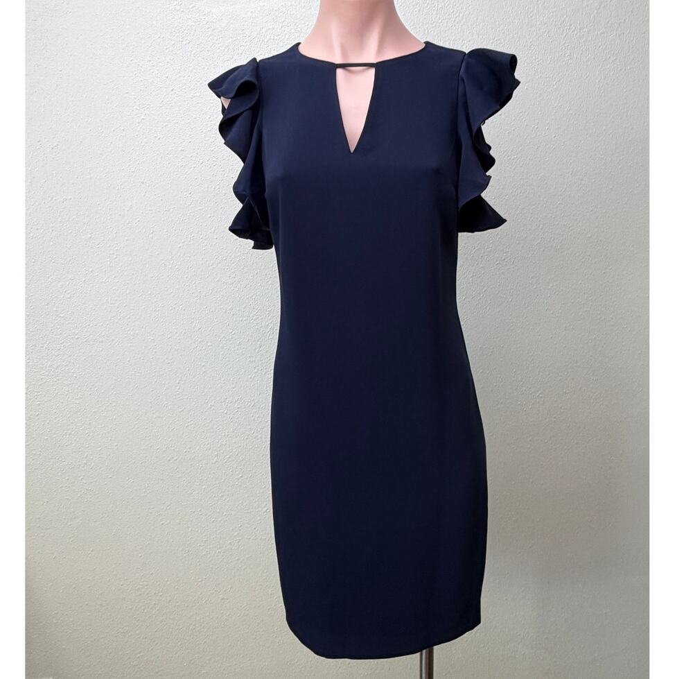 Trina Turk Navy Ruffle Sleeve Keyhole Sheath Cocktail Dress XS